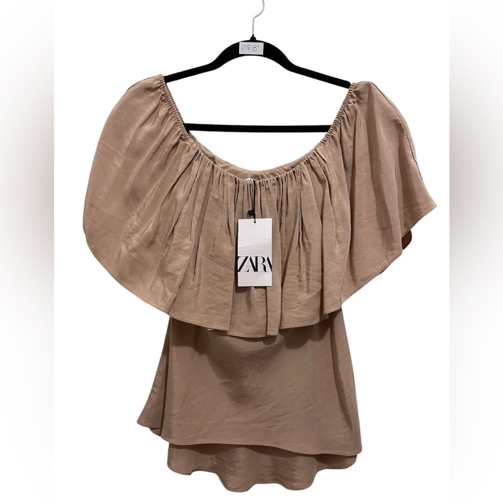 Zara Taupe Off-Shoulder Ruffle Blouse